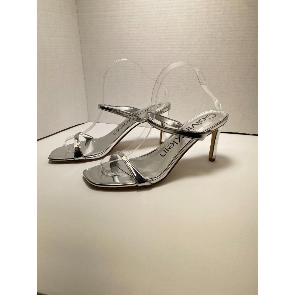 Calvin Klein Women's Halena Silver Square Toe Strap  Heeled Sandal Sz 10